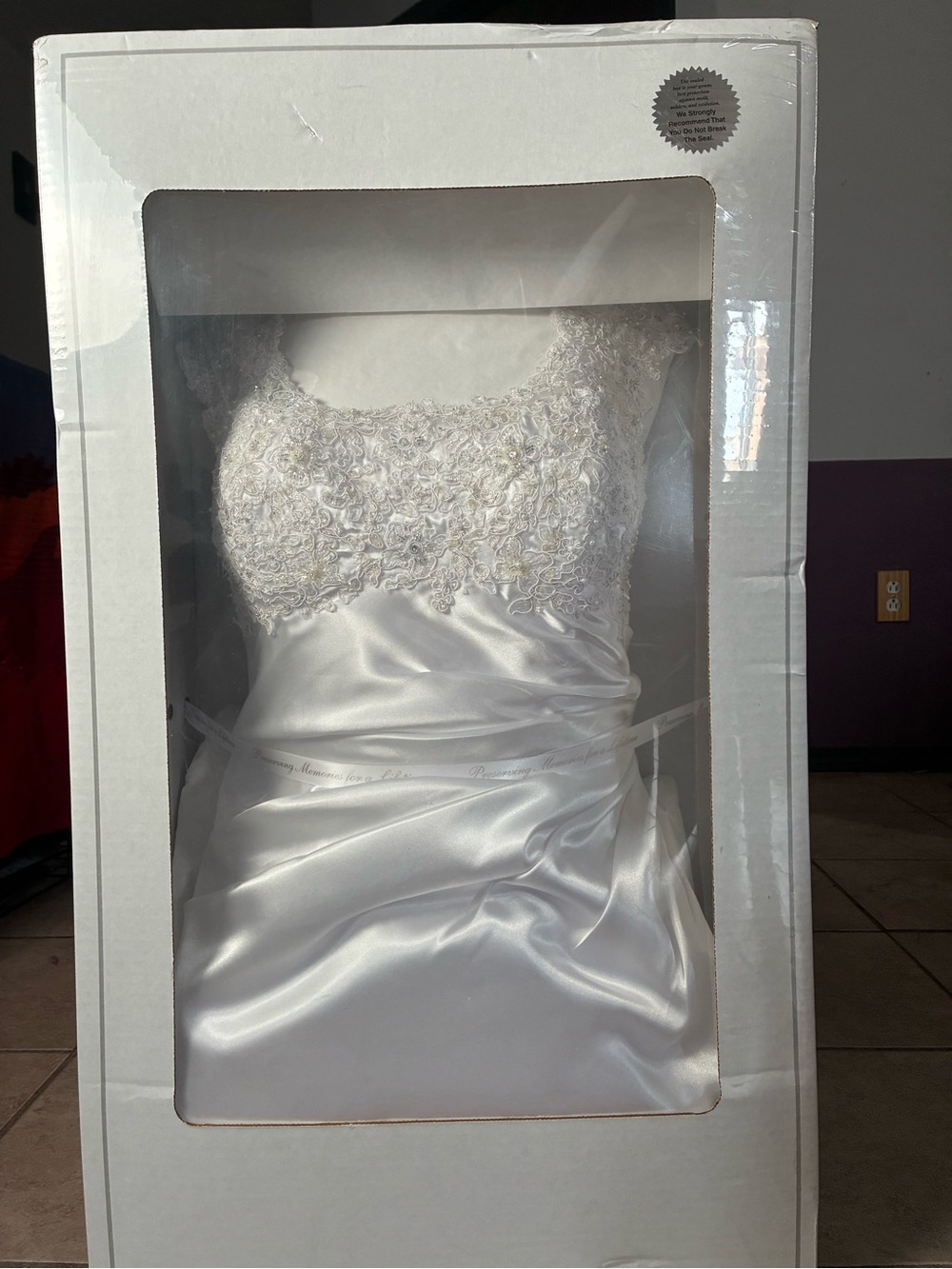 David's Bridal White Satin Wedding Dress with Lace Bodice